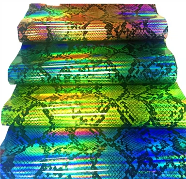 Cuero sintético de PU con estampado de serpiente, liso, brillante, iridiscente holográfico